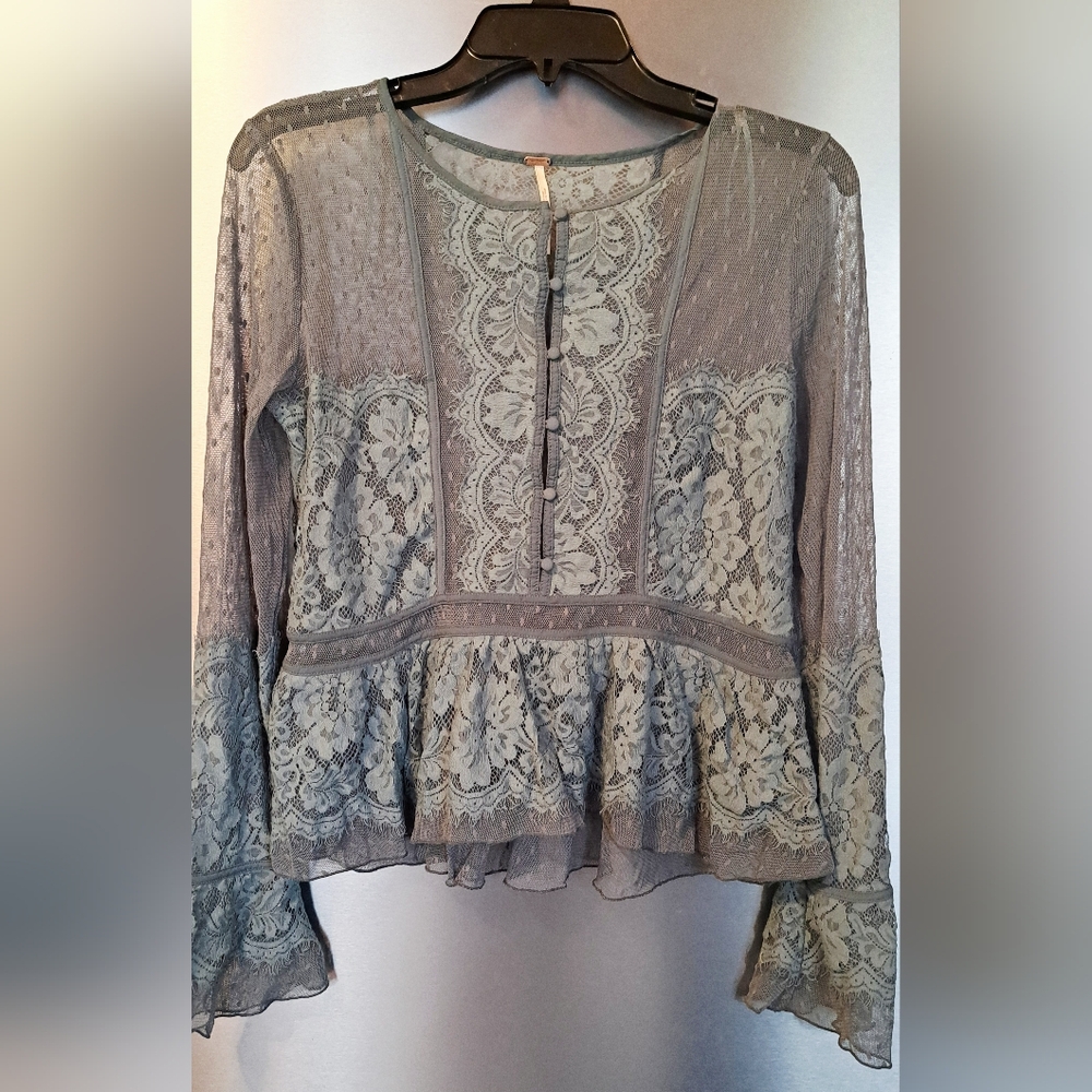 Free People Penelope Peplum Top Grey Lace Sexy Sheer City Date Night Medium